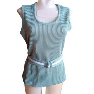 Large True Vintage St. Cloud Ribbed Sleeveless Knit Top Belted Waistline Avocado
